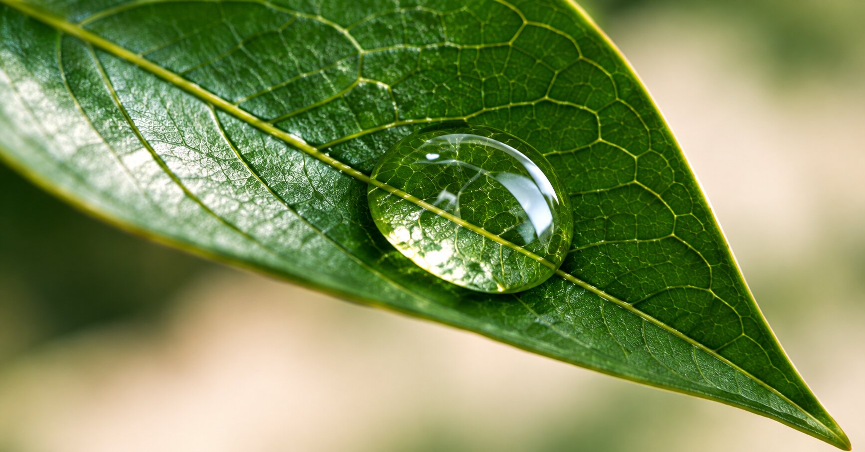 A water droplet resting on a green leaf