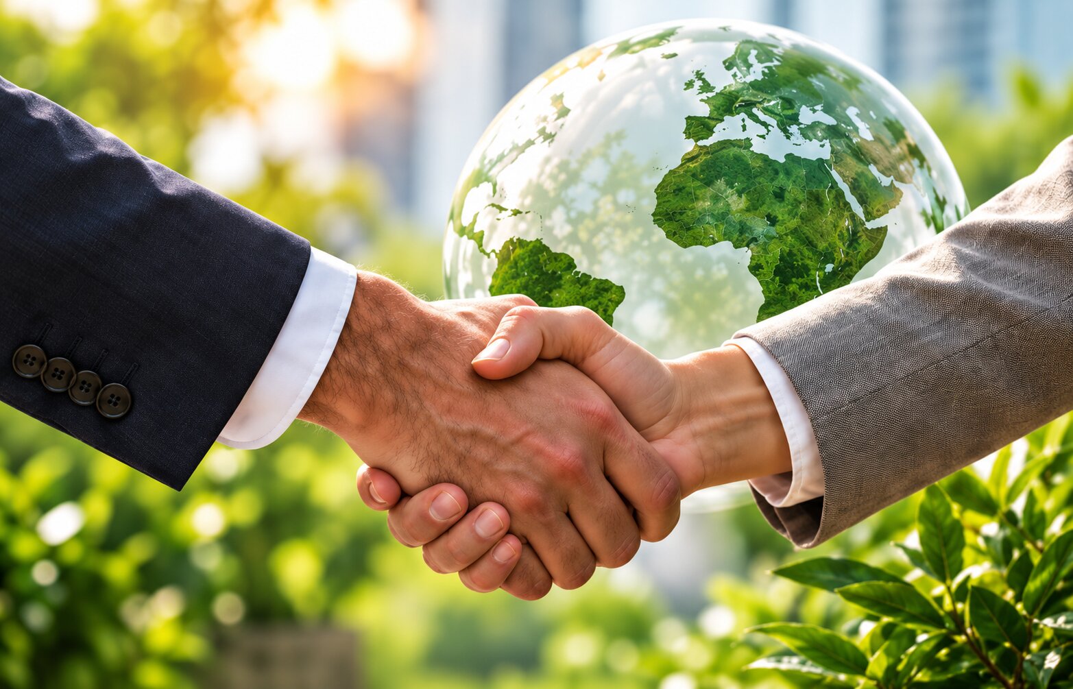 Two business partners shaking hands in front of a glass globe
